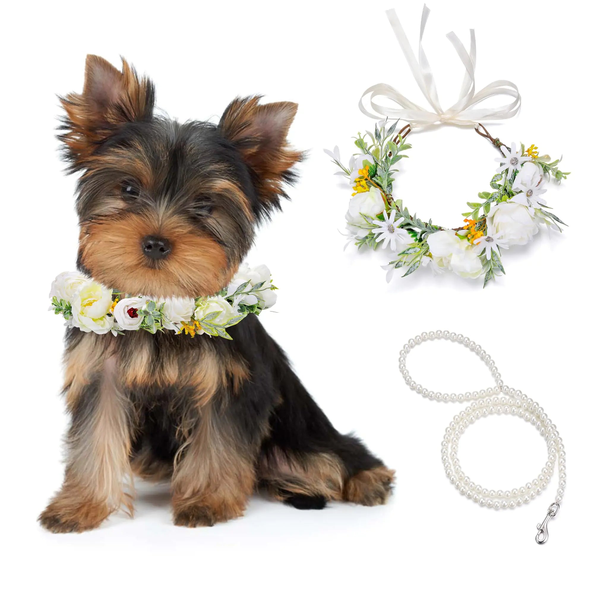 Dog Wedding Flower Collar & Pearl Leash Set – Size Small