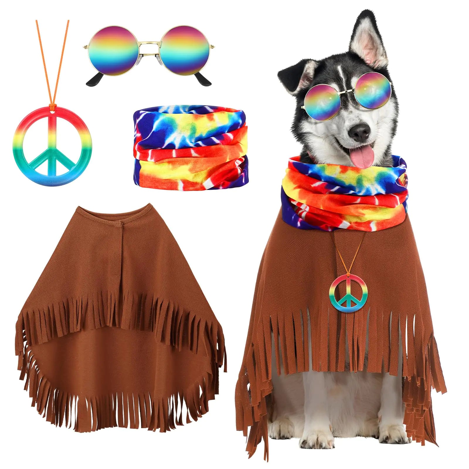 Huhumy 4 Pcs Hippie Dog Costume Pet Dog Hippie Costume Set Includes Sunglasses Tie Dye Scarf Hippie Cloak Necklace Funny Hippie Costume(Large Neck 18-25 Inch Back 18-24 Inch)