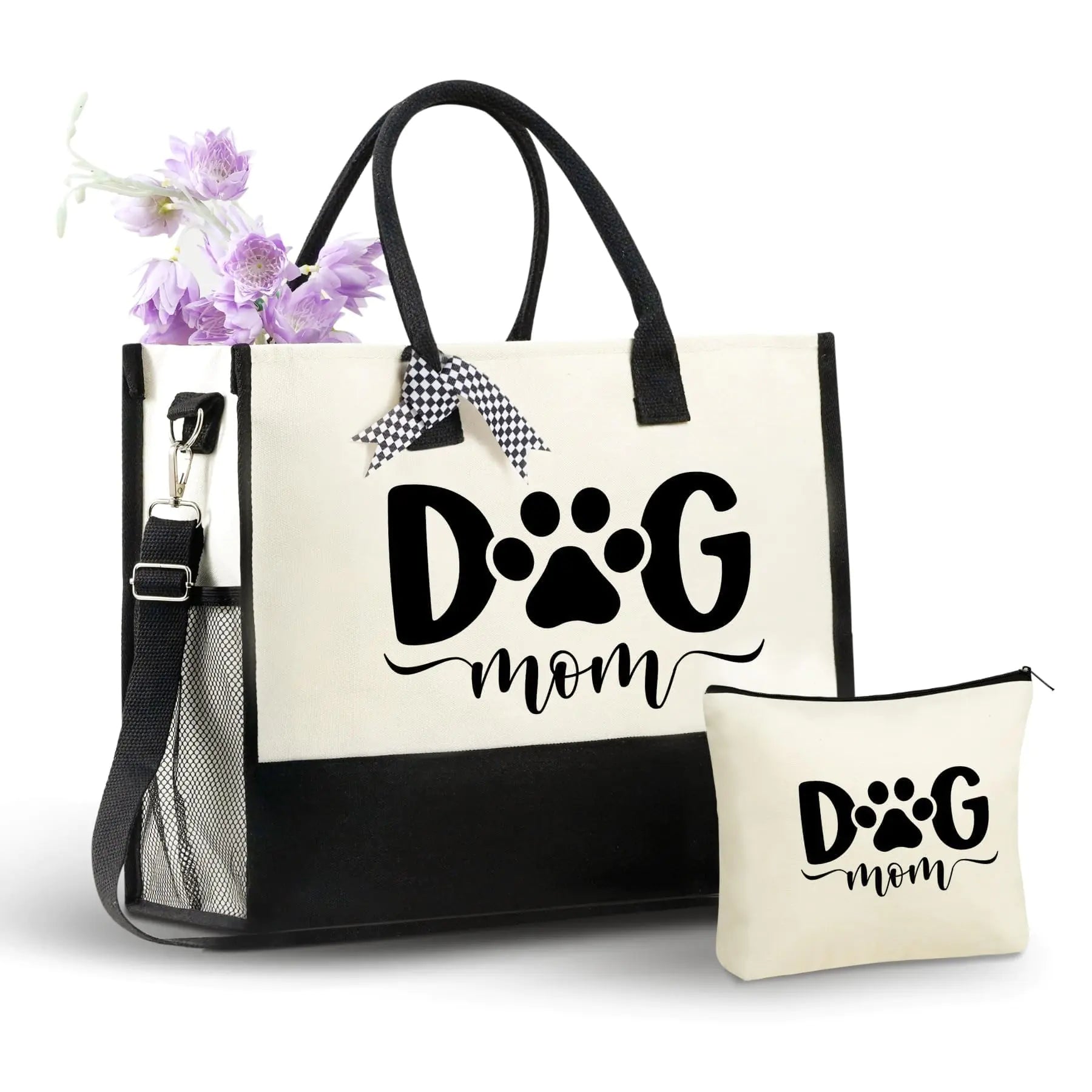 Dog Mom Tote Bag Set with Cosmetic Pouch