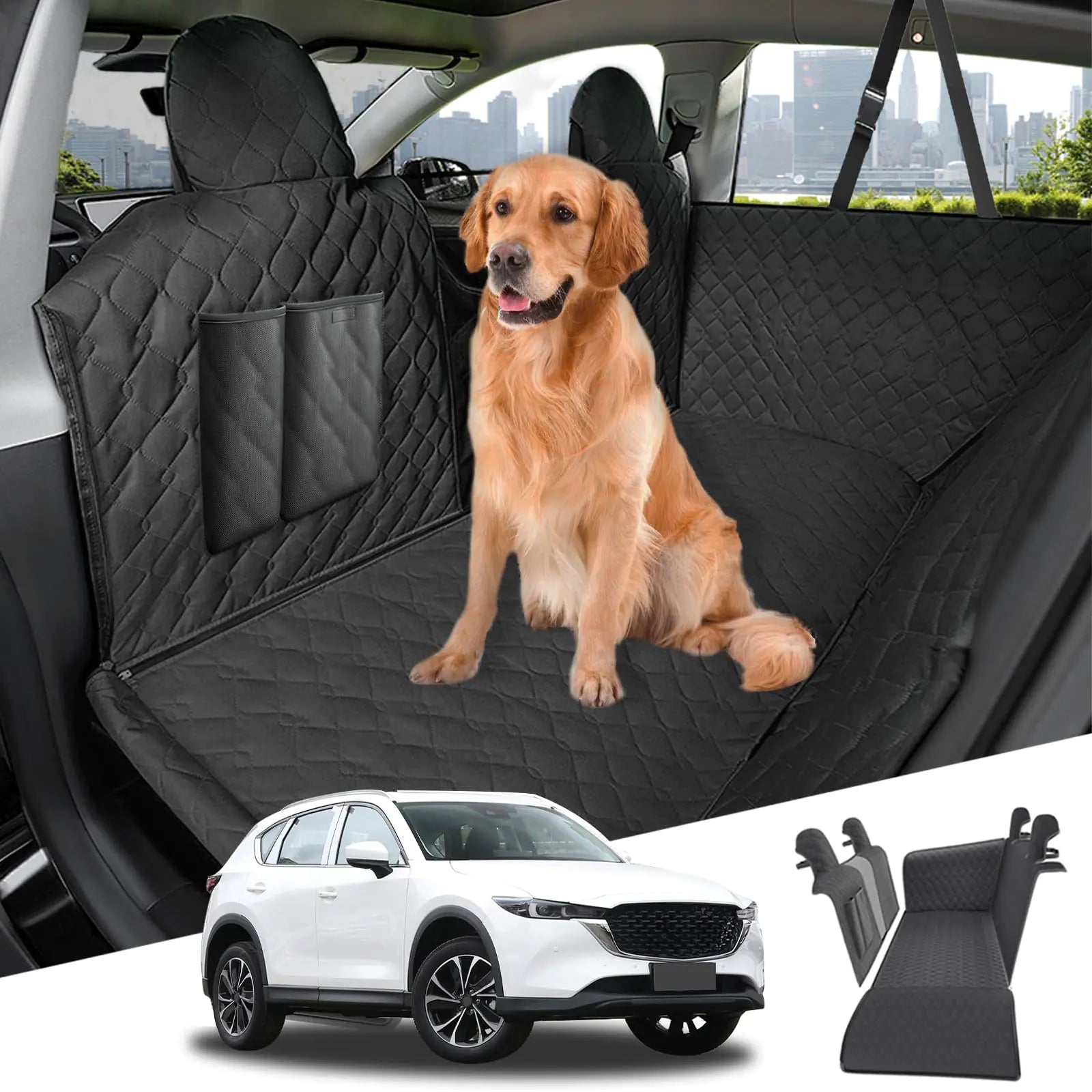 Dog Car Seat Cover Protector with Side Flaps & Storage Pocket