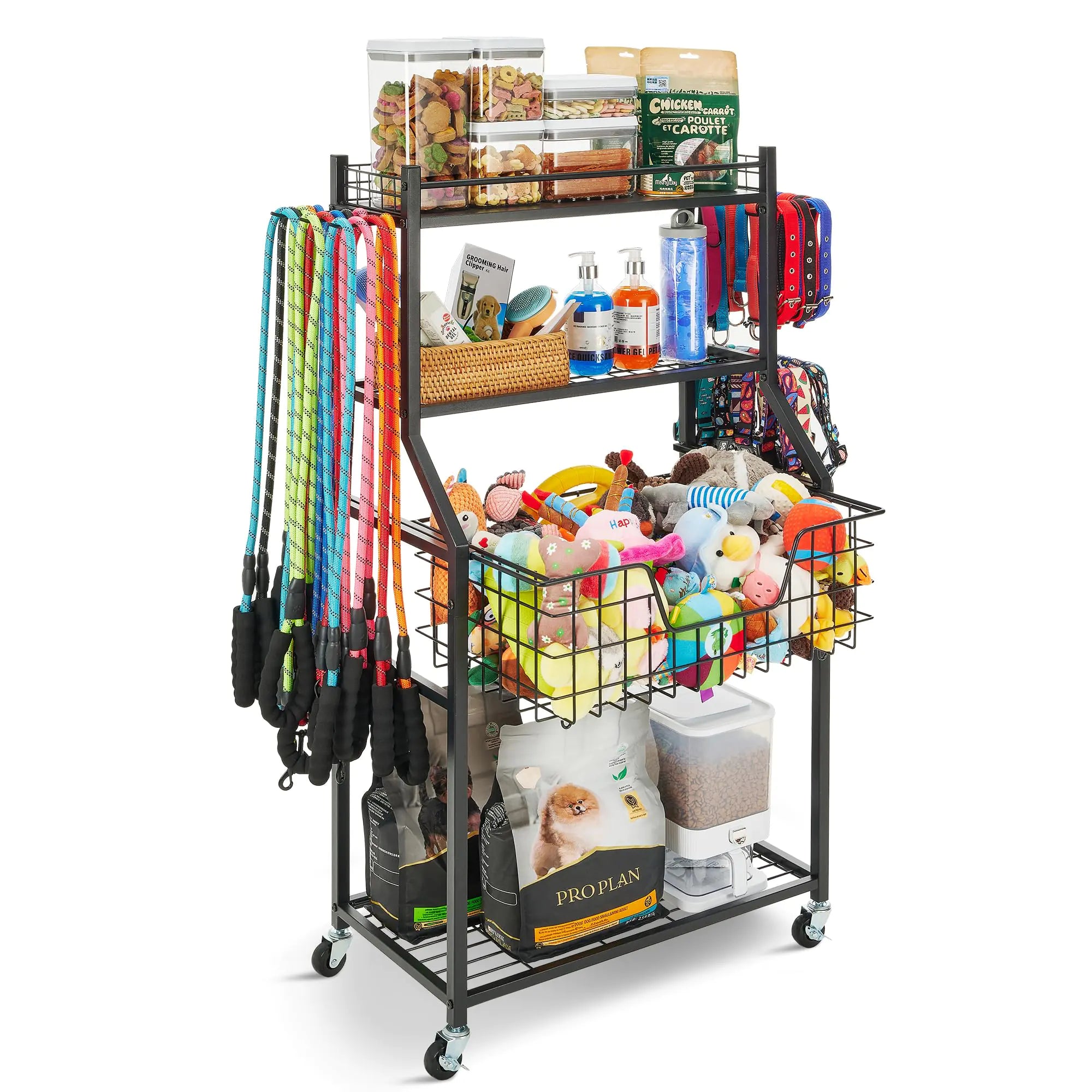 PeBro Dog Toy Basket Pull-Out Dog Toy Bin and Dog Toy Box for Dog Toy Storage Dog Storage Organizer Rack with Hooks and Wheels for Dog Leash Dog Collar Dog Treat and Other Dog Accessories