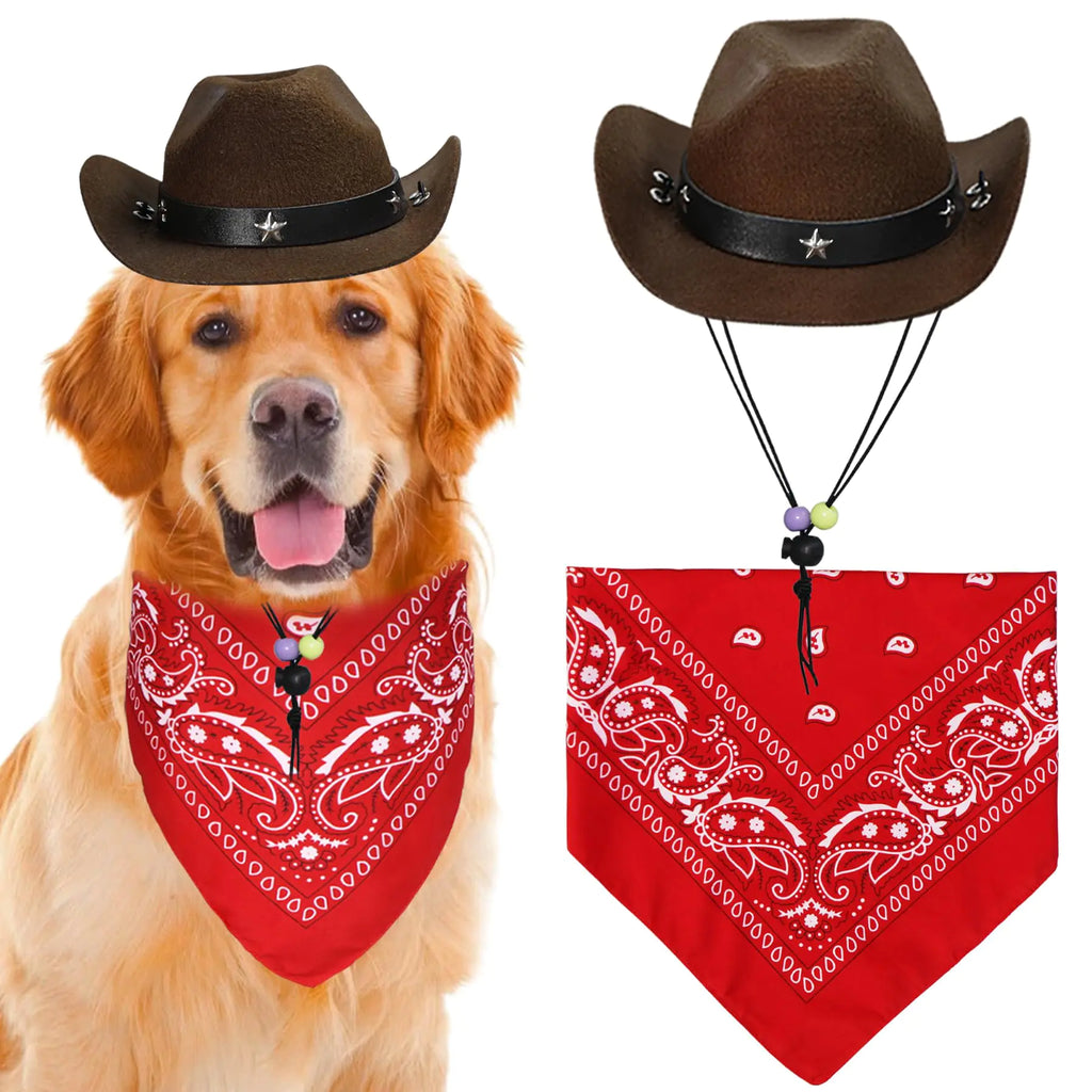 GOYOSWA Dog Cowboy Hat and Bandana Dog Cowboy Costume Dog Halloween Costumes Funny Dog Costume for Small Medium Large Dogs Pets (Dark Brown Hat & Red Bandana Large)