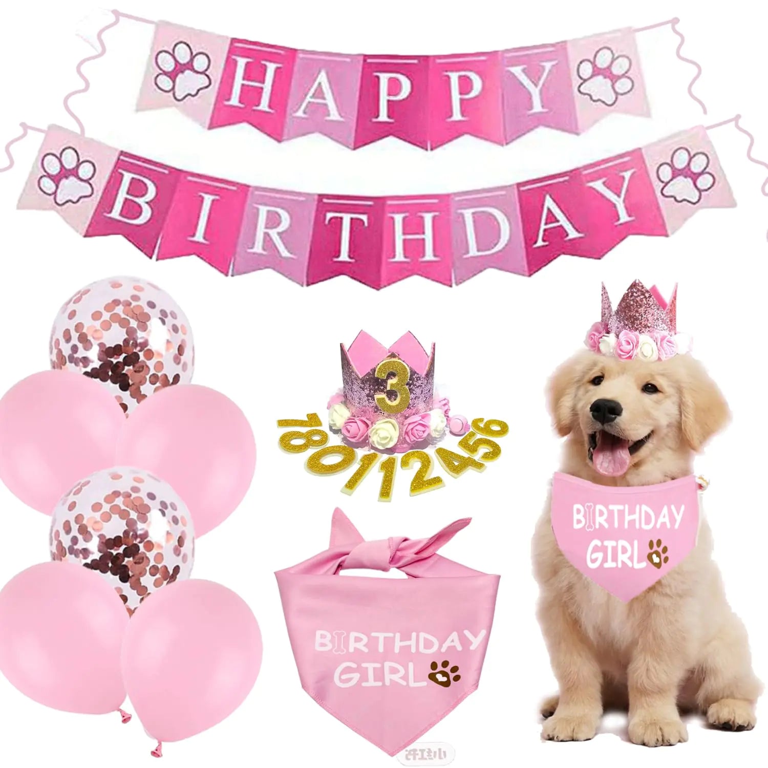 Waghaw Dog Birthday Party SuppliesDog Birthday Hat Dog Birthday Bandana Dog Birthday Gift Dog Birthday Banner Dog Birthday Balloons Dog Birthday Crown(Pink，Small)
