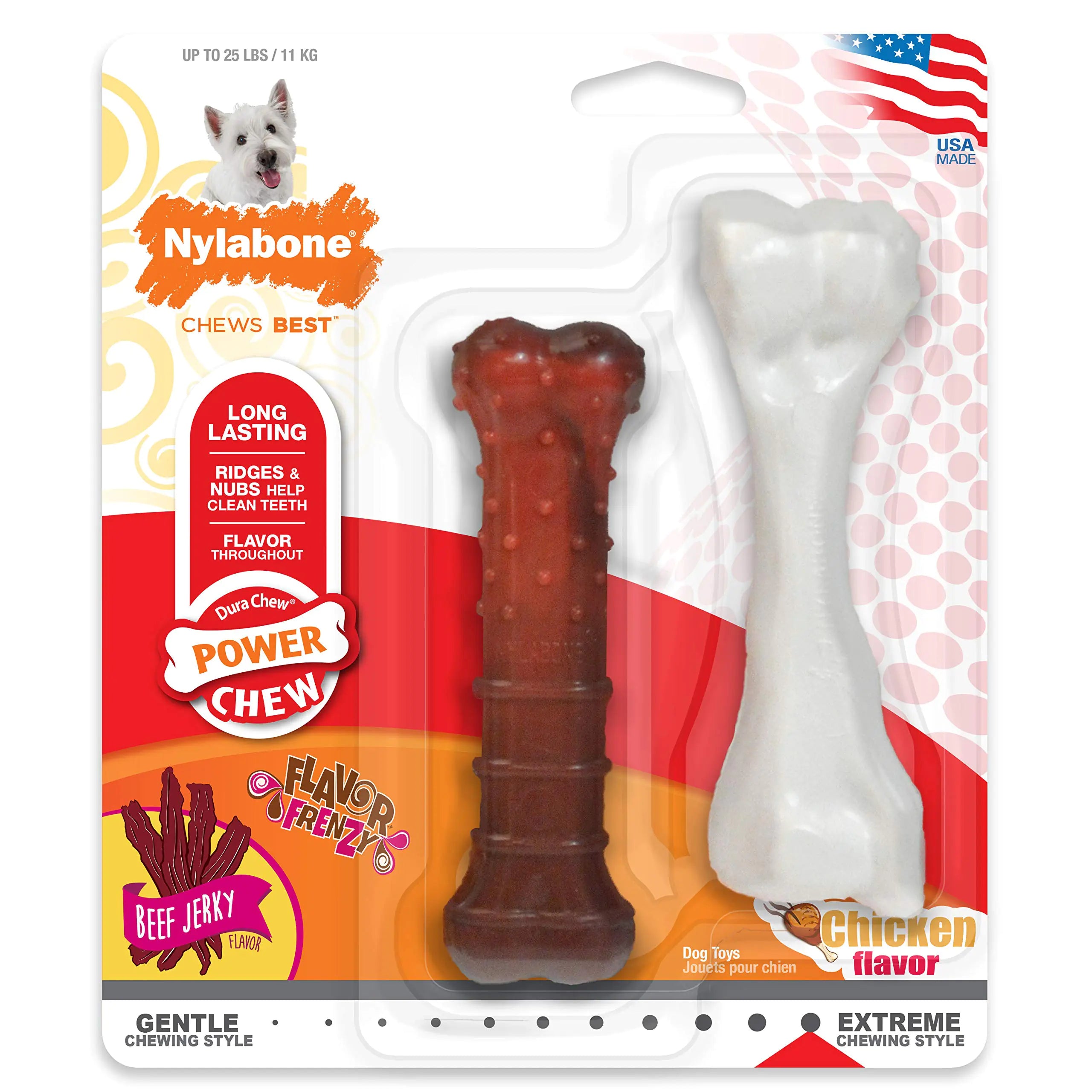 Nylabone Power Chew Classic – Beef & Chicken Flavored Dog Bones (2-Pack)