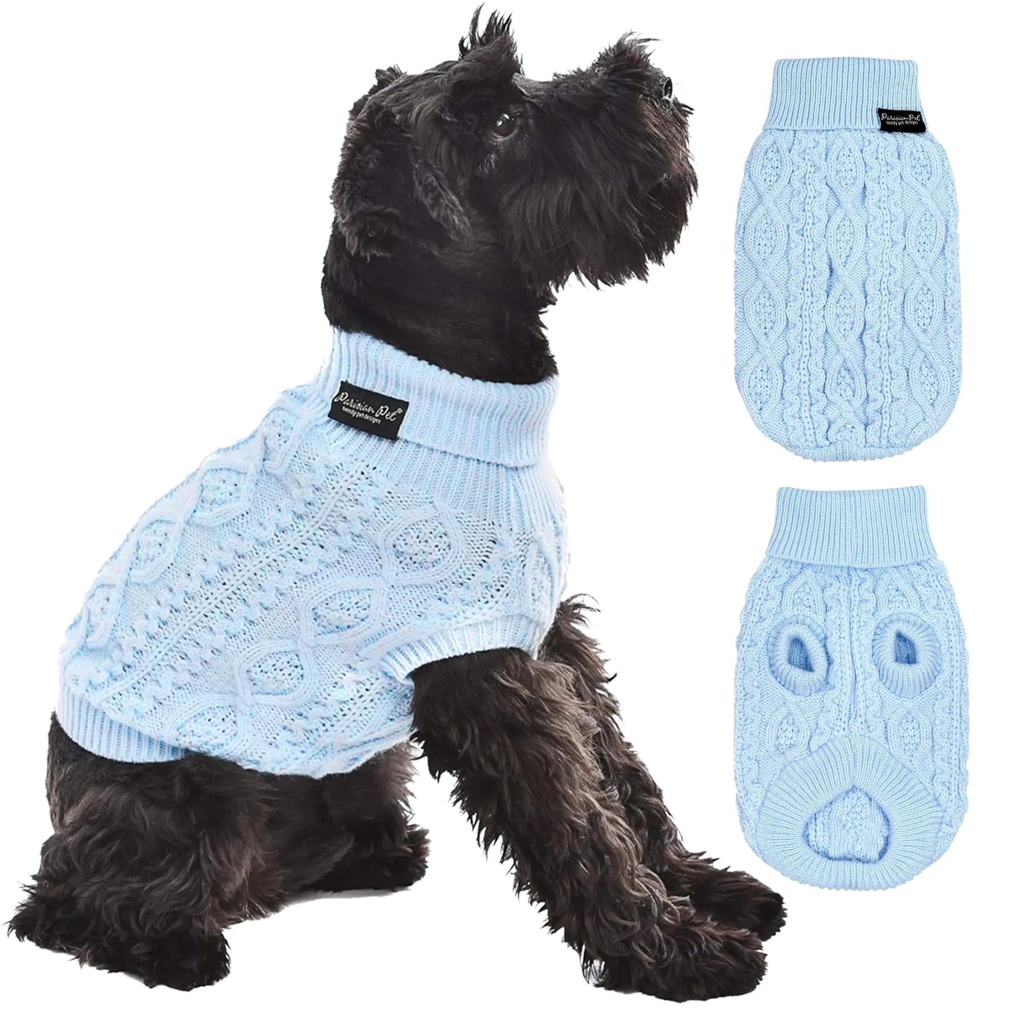 Parisian Pet Dog Sweaters - Pull Over Turtle Neck Blue Dog Sweater - Cable Knit Thick Dog Sweater - Fall Winter Dog Clothes - Flexible Arm Holes Dog Sweaters for Medium Dog - M