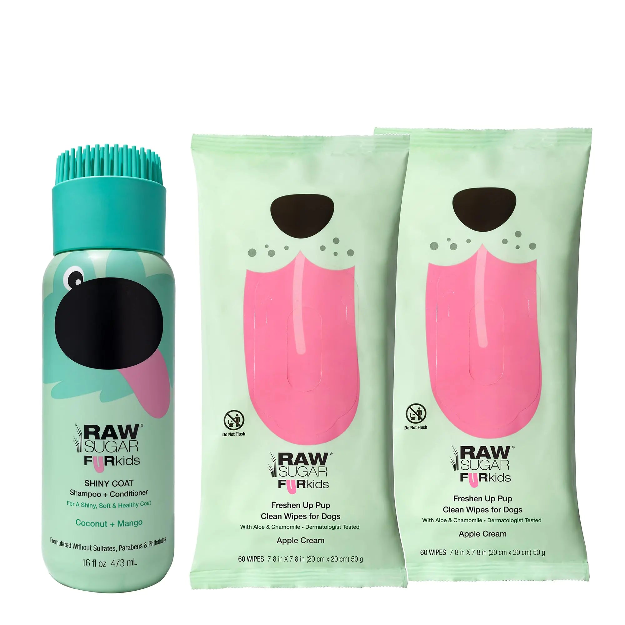 Raw Sugar Fur Kids Shiny Coat Kit — 2-in-1 Coconut & Mango Dog Shampoo + Apple Cream Pet Wipes