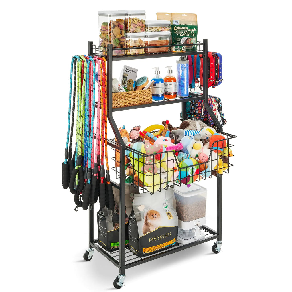 PeBro Dog Toy Basket Pull-Out Dog Toy Bin and Dog Toy Box for Dog Toy Storage Dog Storage Organizer Rack with Hooks and Wheels for Dog Leash Dog Collar Dog Treat and Other Dog Accessories