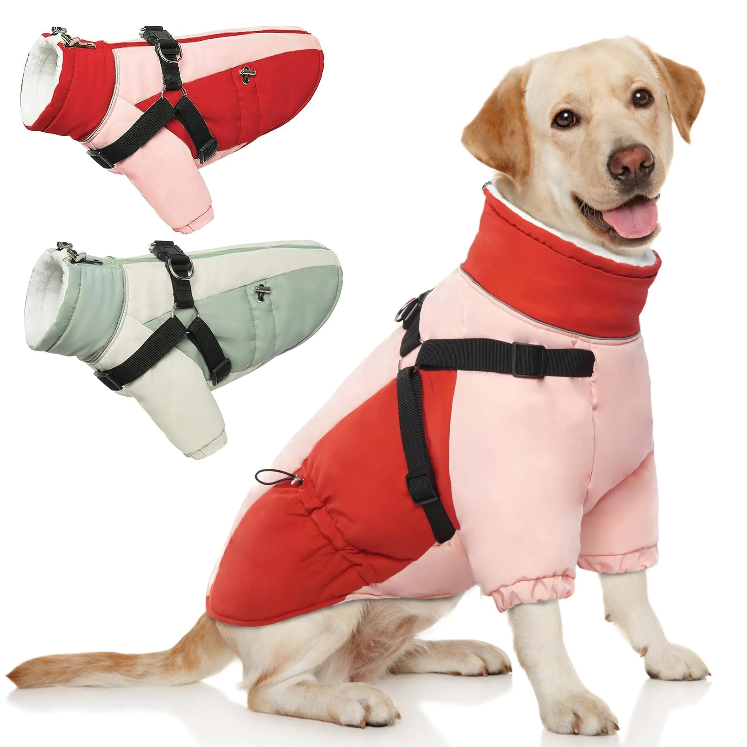 PUMYPOREITY Large Dog Coats Fleece Lined Dog Winter Coat Dog Jacket with Harness Built in Reflective Dog Snowsuit Warm Dog Snow Jacket Zip Up Dog Winter Jacket for BeagleCorgiRedXL