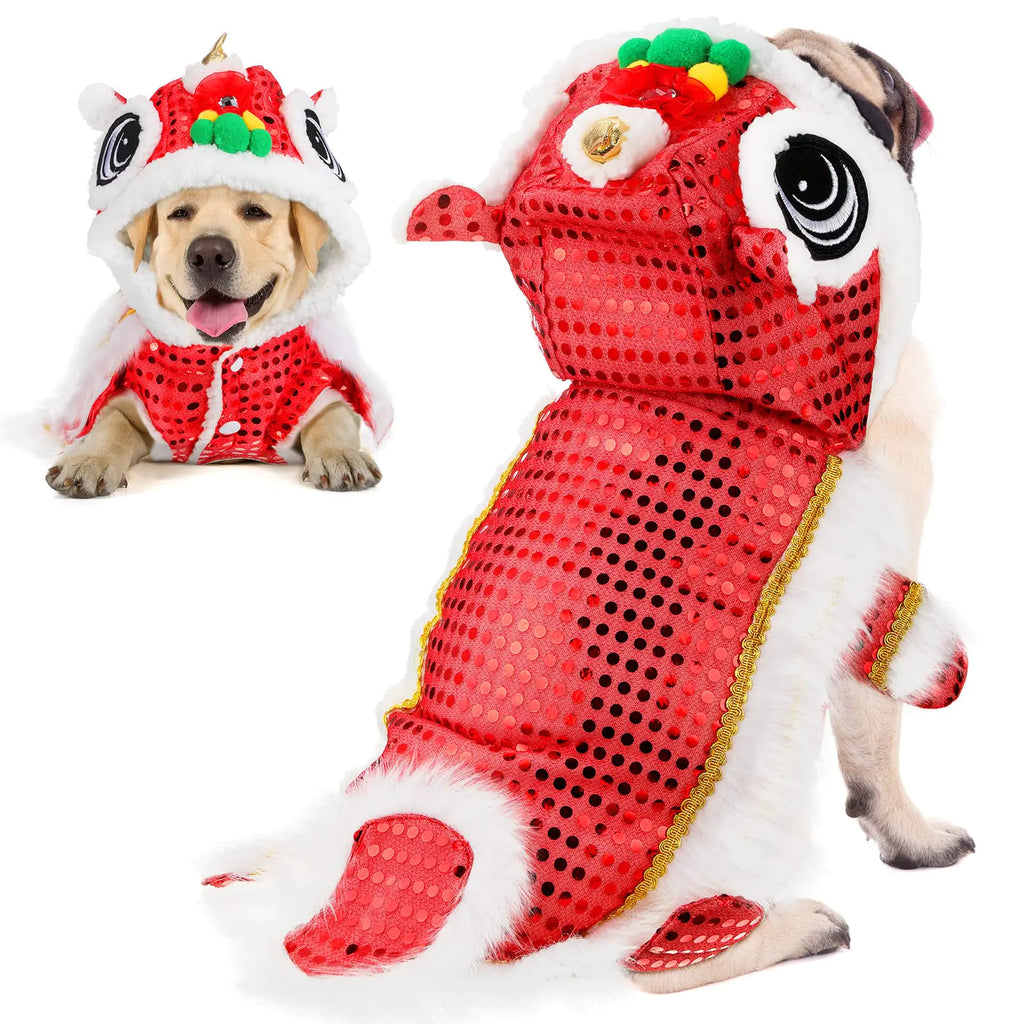 Cute Dance Lion Dog Costume with Sequins Chinese New Year Pet Costume Chinese Lion Dance Costume Cat Dog Clothes Hoodies Coat for Small Dogs New Year Spring Festival Dress up (RedXXL)