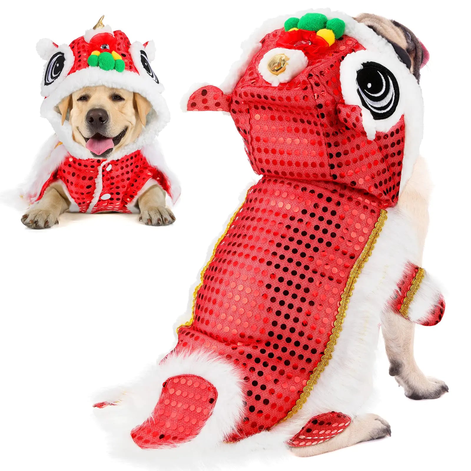 Cute Dance Lion Dog Costume with Sequins Chinese New Year Pet Costume Chinese Lion Dance Costume Cat Dog Clothes Hoodies Coat for Small Dogs New Year Spring Festival Dress up (RedXXL)